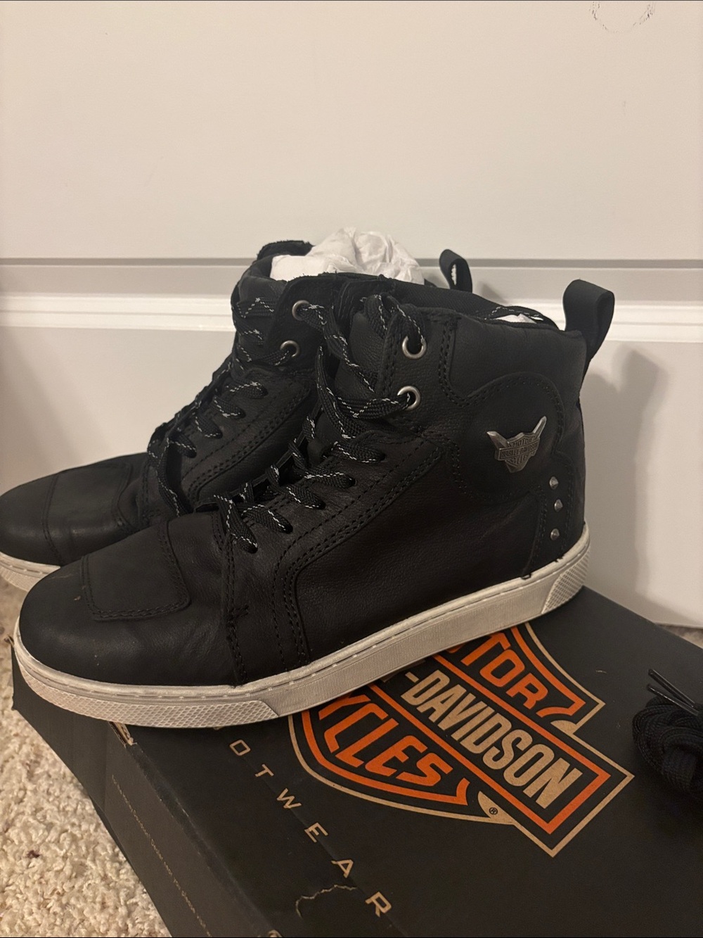 Harley-Davidson Black Leather High-Top Sneakers with White Soles